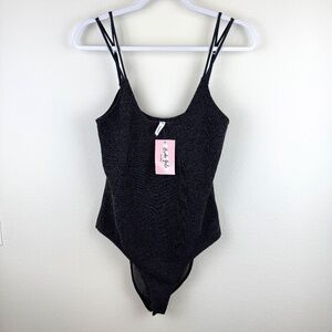 BROKE GALS Full Black Ribbed Mineral Washed Tank Body Suit Snap  / Size Large
